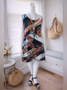 Abstract Brushstroke Sleeveless Dress - Black with Orange, Red & Blue XL